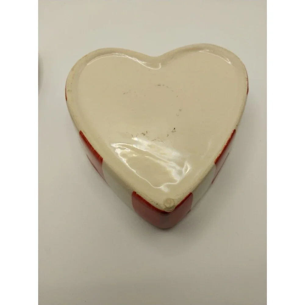 Vintage Ceramic Heart Trinket Box Candy Striped Red White Hand Painted Valentine